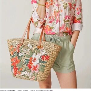 Spartina 449 Floral Straw Tote with Tan Leather Straps